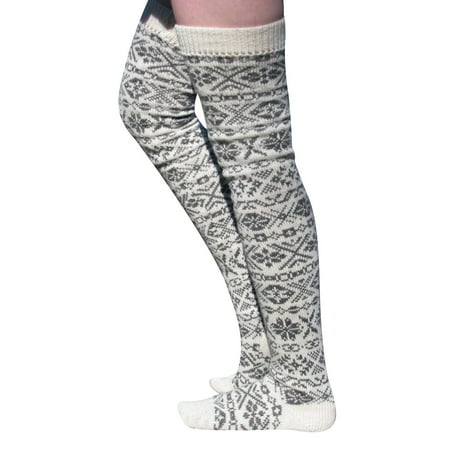 

AMILIEe Women s Socks Christmas Stockings Above Knee-Length Snowflake Printed Thick Warm Knitted Socks