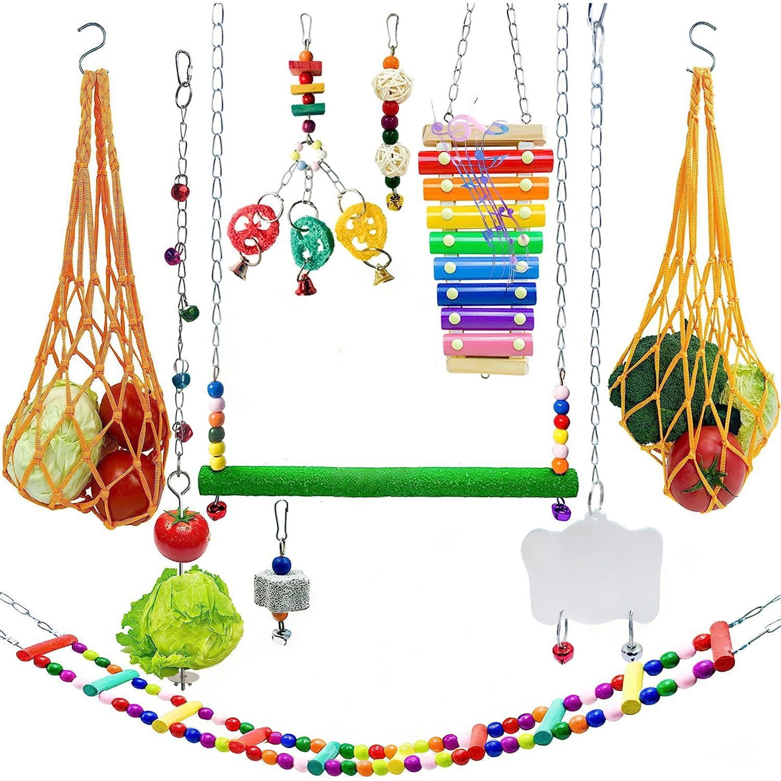 Chicken Cage and Bird Cage Accessories Set Multi-Function Toy Kit with Foraging Net Ladder Mirror Fruit Vegetable Skewer and Wooden Xylophone, Enrichment Toys for Pet Birds and Poultry