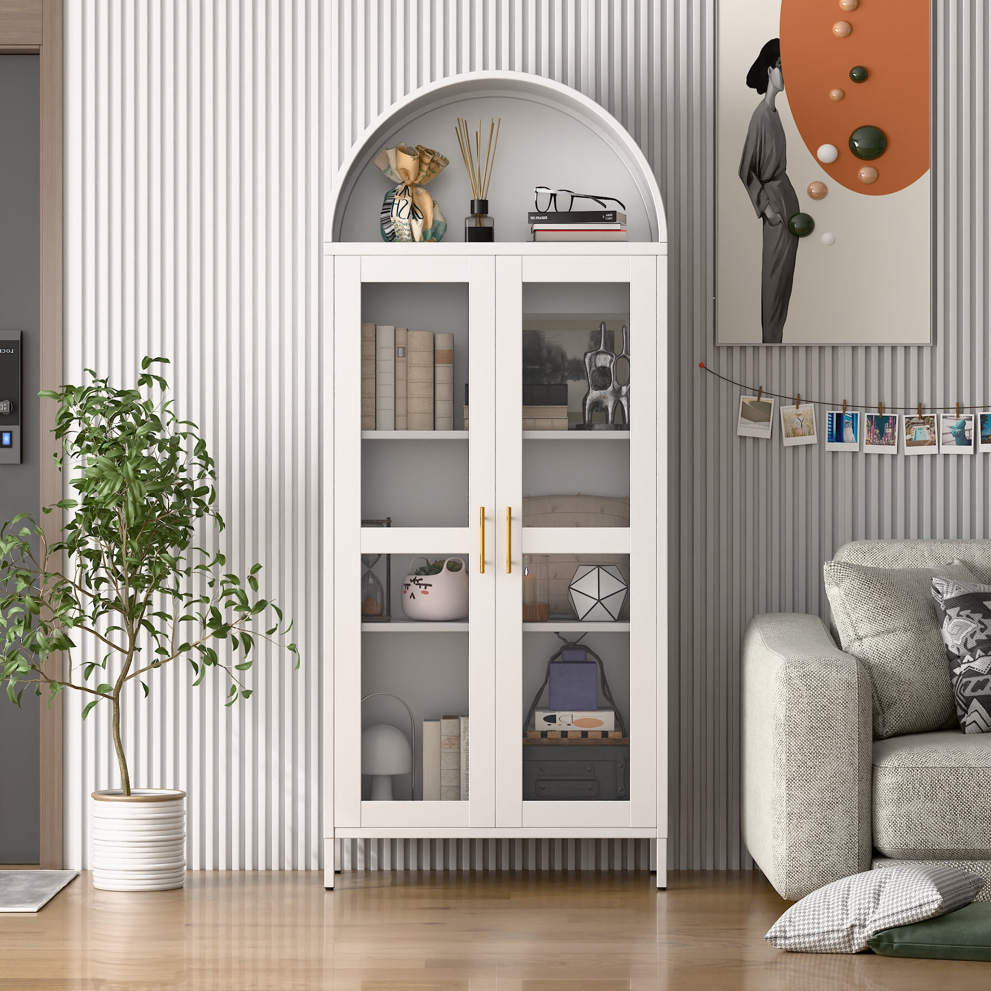 GangMei 73" Tall Metal Arched Cabinet, Kitchen Pantry Cabinet with Glass Door, Modern Farmhouse Display Cabinet with 2 Adjustable Shelves for Dining Room and Living Room, White, Assembly Required
