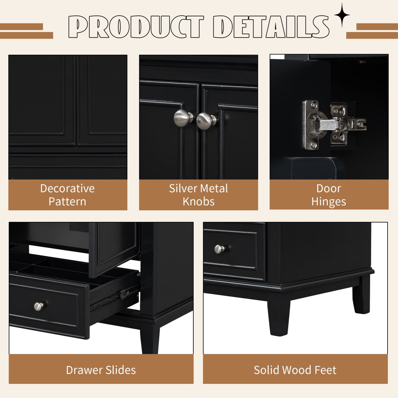 30" Bathroom Vanity with Sink Combo, Solid Wood Bathroom Storage Cabinet with 1 Drawer and 2 Soft Closing Door Shelves, Black