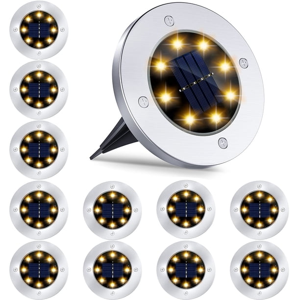 Paquete de 12 luces solares de jardín de 8 LED, disco de acera impermeable al aire libre, iluminación de paisaje brillante en el suelo para césped, patio, camino, escalones de patio, pasarela (blanco