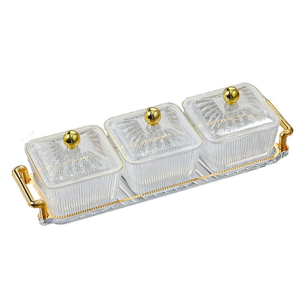 Caja organizadora de platos de postre de frutas secas con compartimentos y rejilla para almacenar alimentos 3 tazones transparentes