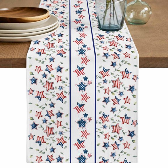 Table Runner 120 Inches Long for Kitchen Dining, Independence Day Dresser Scarf Farmhouse, Dining Table Decorations for Wedding/Parties, 4th of July Red Blue Stripes Star Leaves 13 x 120 In