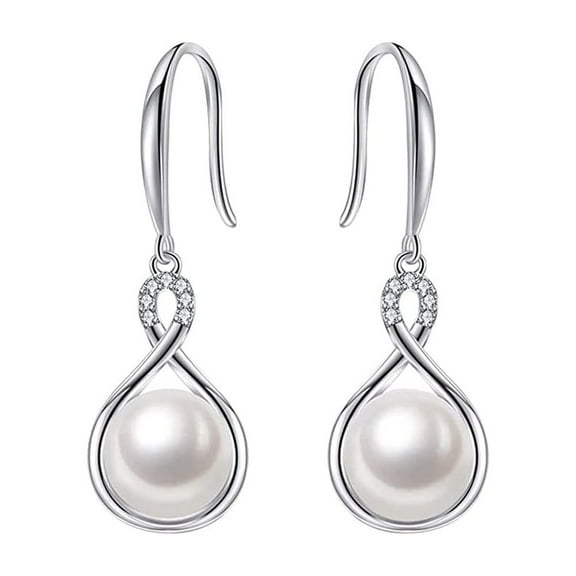 Paris Jewelry Women's 18K White Gold Freshwater Pearl 8MM Created Sapphire Dangling Infinity Earrings Plated