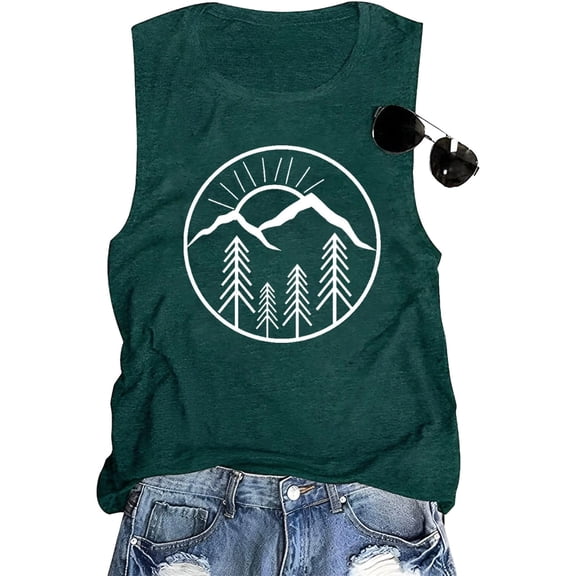 XIAONU Mountain Tree Print Tank Top for Women Sleeveless Crew Neck Pullover Top Breathable Nature Hiking Tanks
