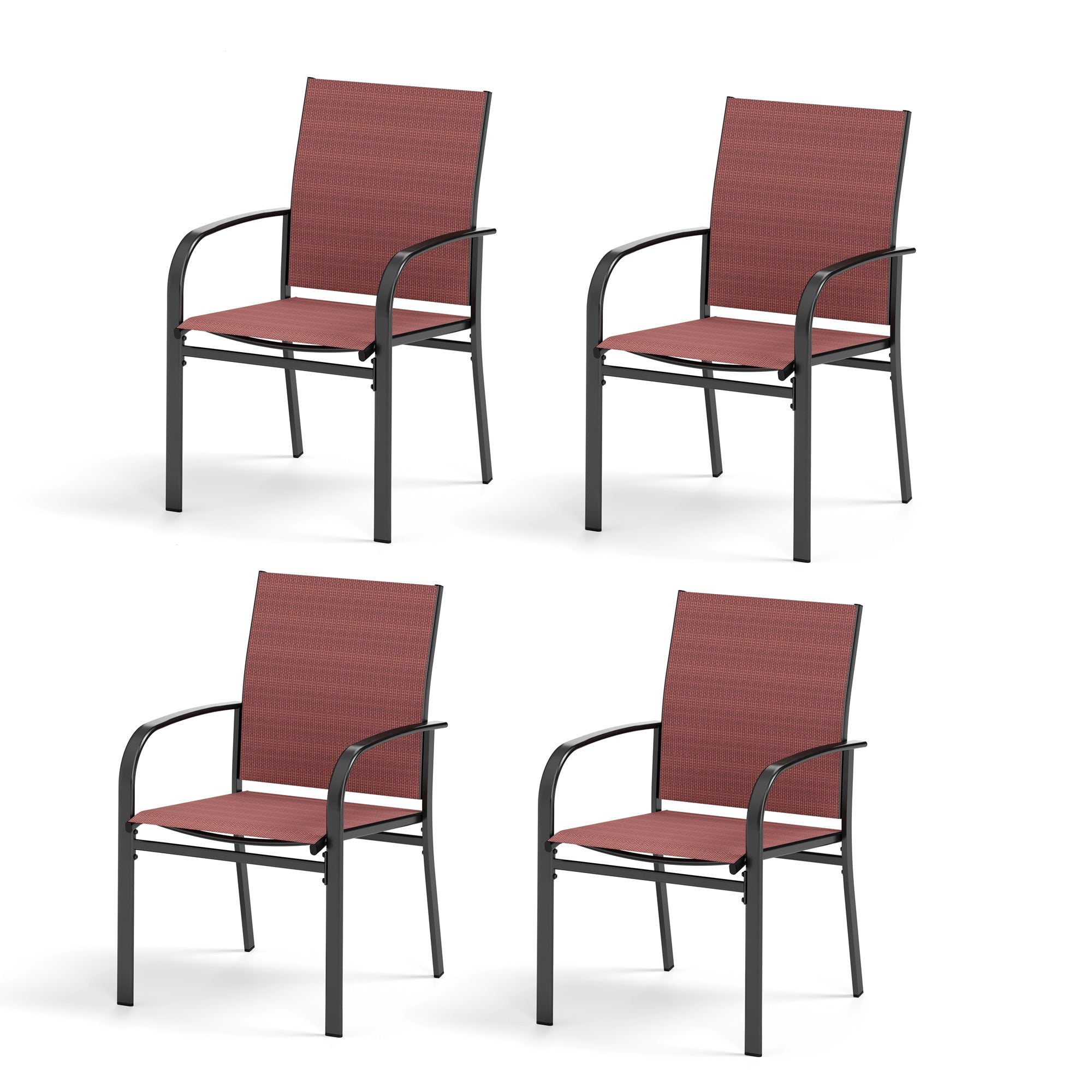 SUMMIT LIVING Set of 4 Outdoor Patio Dining Chairs, Steel Frames with Textilene, Black & Red