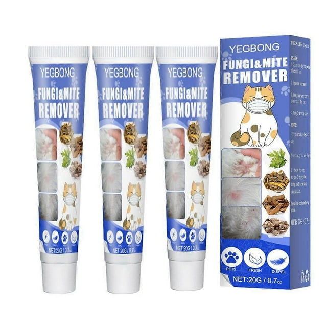 1-3pcs pet skin cream treatment ringworm mites anti-itch treats infections pet care anti-itch dermatitis sterilizing clean repair Tubo de crema para mascotas 20 ml, vista frontal con tres tubos alineados y caja azul "Fungi & Mite Remover"; ilustración de gato, imágenes de piel antes/después y pictogramas de mascotas, dimensiones aproximadas 3 x 12 cm y empaque 4.5 x 14 cm.