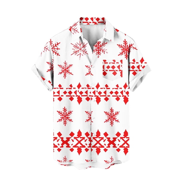 Mens Manga Corta Botón Abajo Camisas, Navidad Impreso Turndown Cuello Blusa, Top de Moda Casual