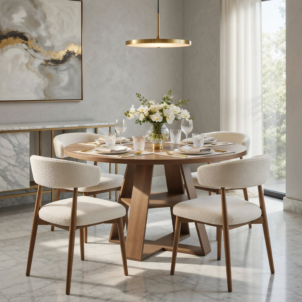 Hommoo 47.24 Inch Round Farmhouse Dining Table for 4-6 People, Kitchen Table with X-Cross Base & Built-in Storage Shelf, Walnut