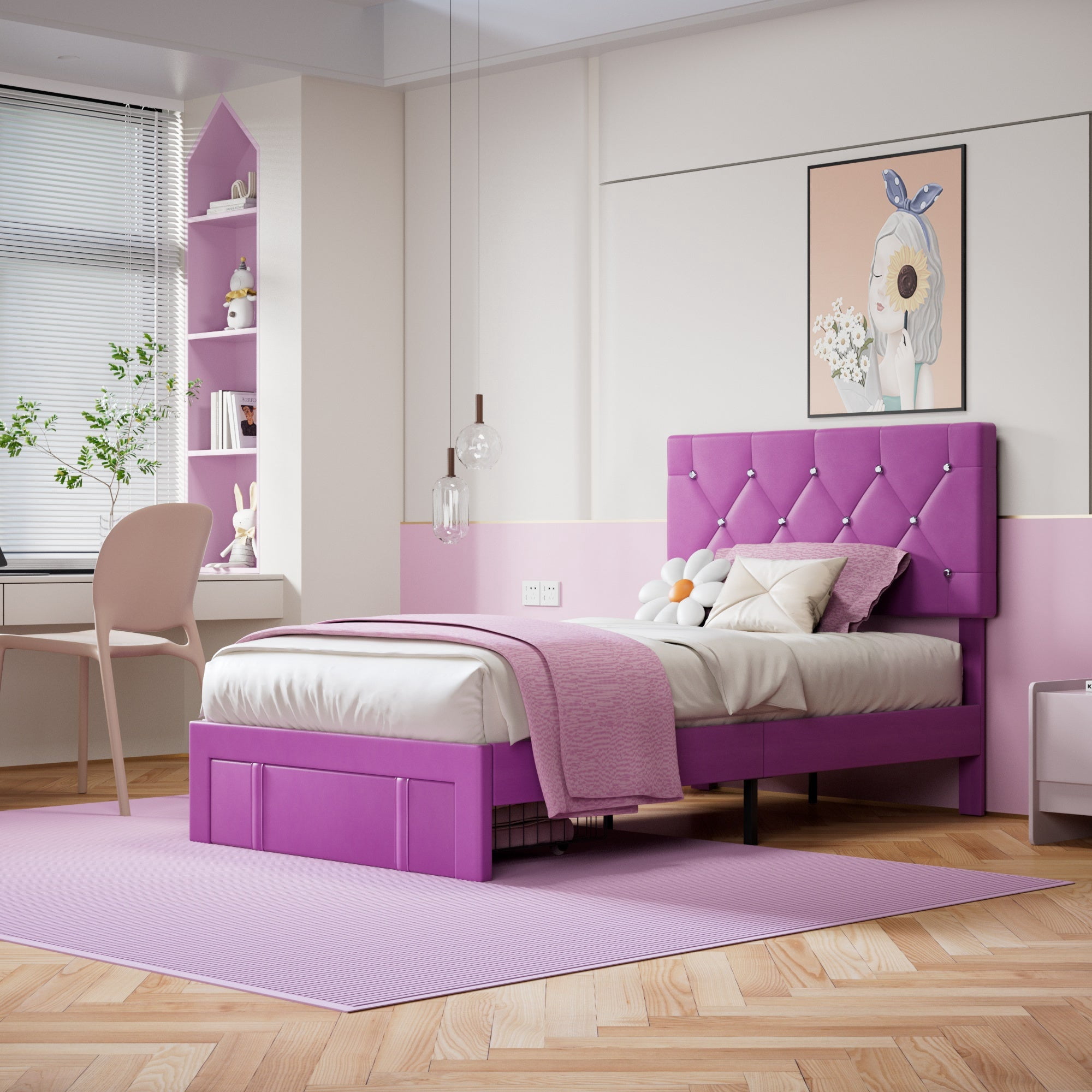 VECELO Upholstered Bed with Storage-1 Drawer, Purple Bed Frame Twin Platform Bed with Faux Leather Tufted Headboard