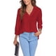 thumbnail image 3 of Blusa Cuello En V Manga 3/4 Color Puro para Mujer Camisa Plisada Suelta Casual para Verano Primavera Rojo L, 3 of 6