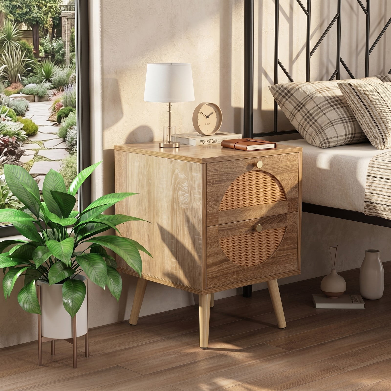 Furnibear Set of 2 Rattan Nightstands with 2 Drawers and Raised Solid Wood Legs for Bedroom Living Room and Guest Room, Natural