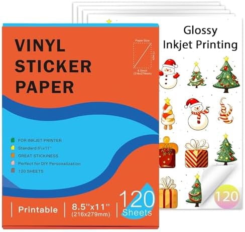 Printable Vinyl Sticker Paper for Inkjet Printer-120 Sheets Glossy White 8.5" x 11" Waterproof Labels Paper, Dries Quickly, Vivid Colors, Tear Resistant, DIY Christmas Stickers