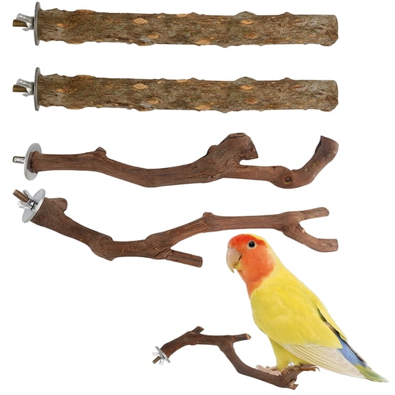 5Pcs Natural Wooden Parrot Perch Stand Set, Grape Wood Paw Grinding Stick, Brid Cage Accessories for Samll Birds