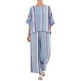thumbnail image 2 of Uootdi Linen Sets for Women 2 Piece Short Sleeve Oversized Striped Trim Top High Waist Flowy Wide Leg Pants Boho Vacation Matching Outfits, 2 of 5