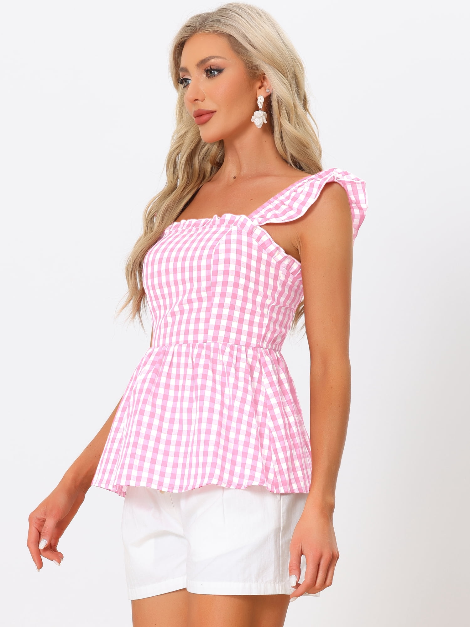 DARING DIVA Women's Peplum Square Neck Sleeveless Plaid Blouse XL Light Peach Color