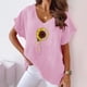thumbnail image 5 of Camiseta de Manga Corta con Cuello en V con Impresión de Girasol, Algodón Casual Y Top de Cáñamo, 5 of 6