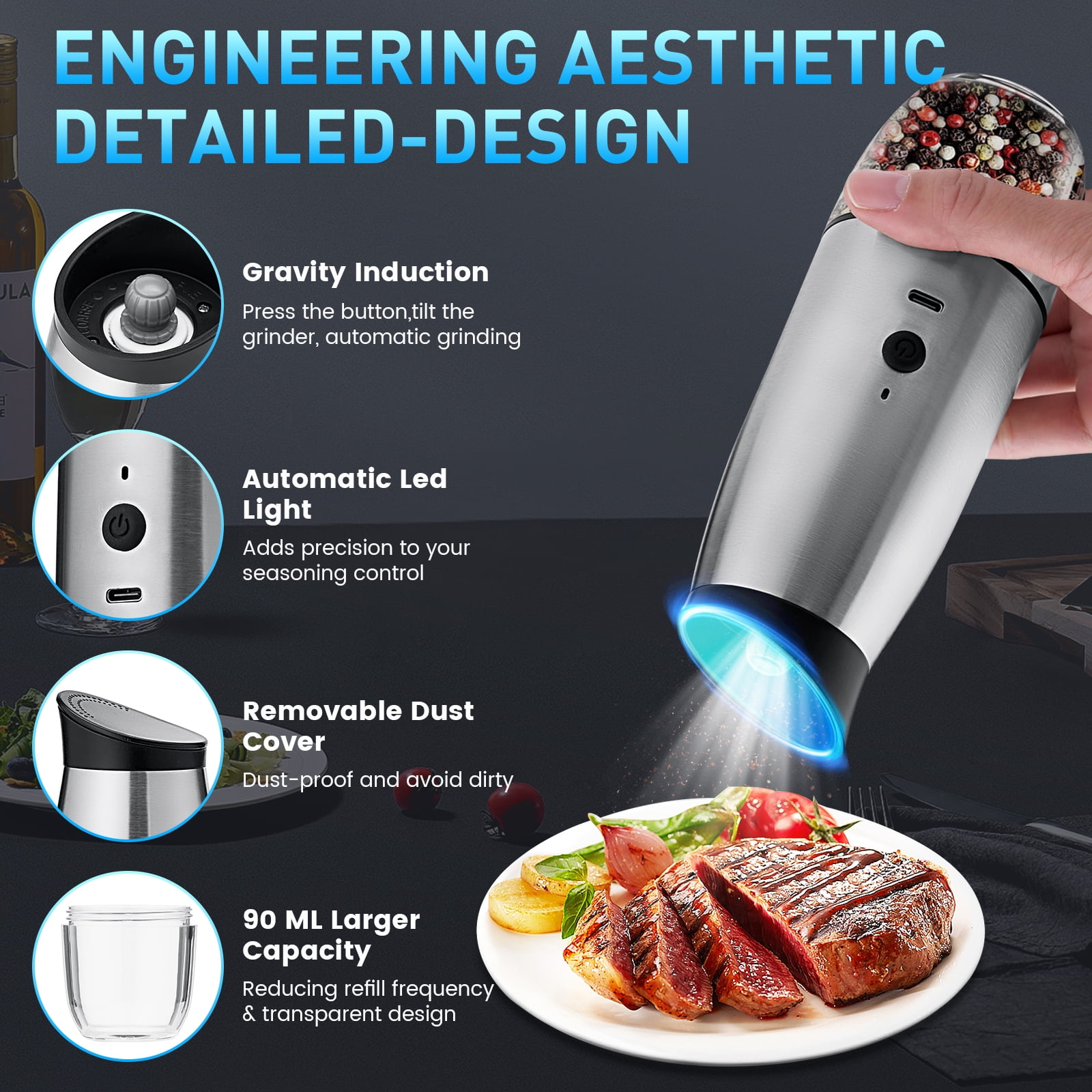 YEERSWAG Electric Salt and Pepper Grinder Set 2 Pack, Rechargeable Automatic Pepper Mill with Charging Base & LED Light, 6 Adjustable Coarseness, Stainless Steel One-Handed Operation