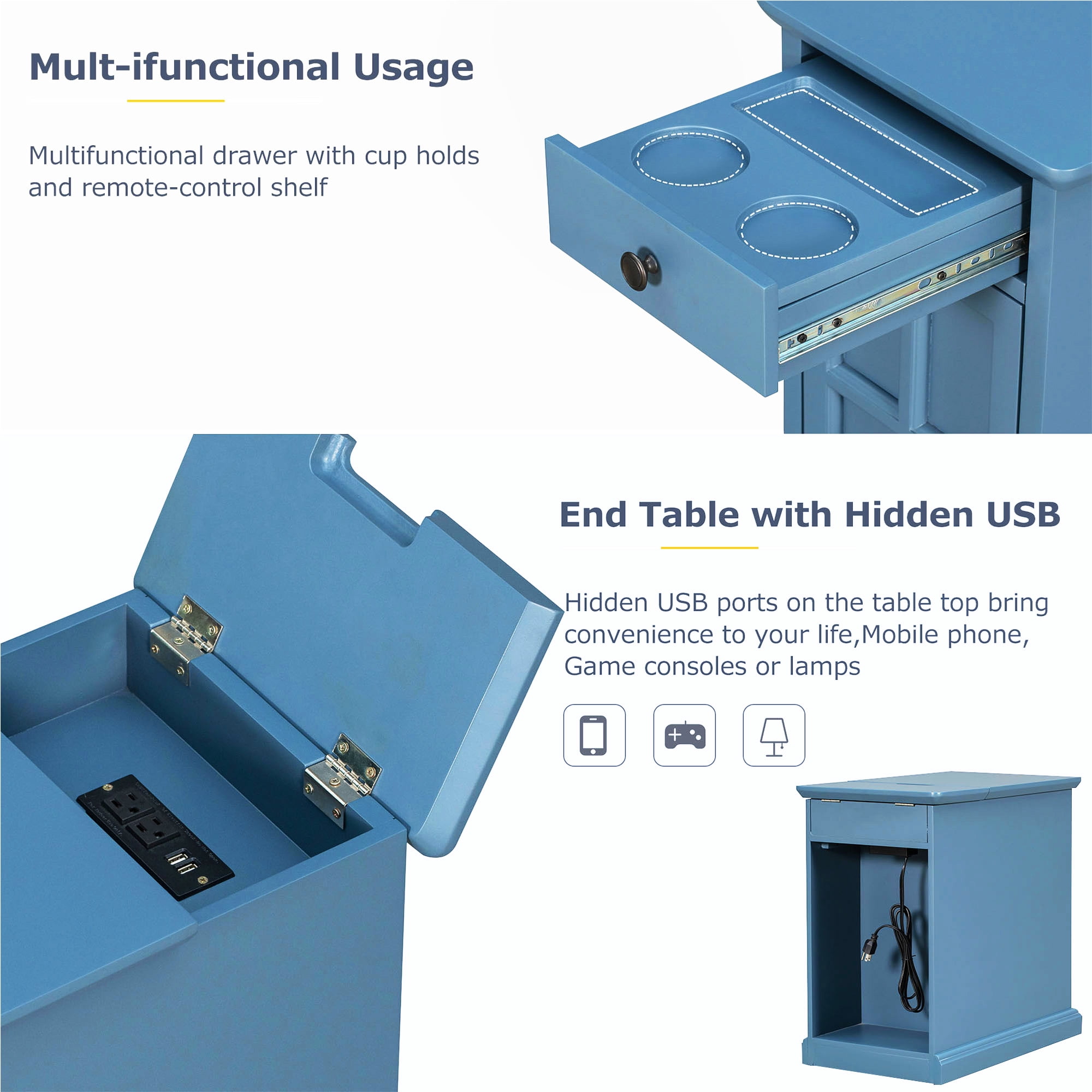 Modern End Table Side Table with USB Ports & Cup Holders,Accent Table Bedside Table for Small Spaces,Living Room,Bedroom,Navy