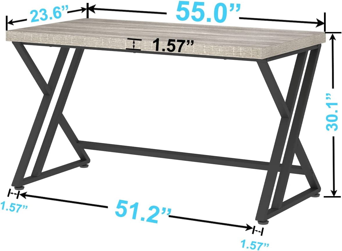 LVB Grey Computer Office Desk,  Wood PC Gaming Gray Desk for Home Office, Modern Wooden Metal Study Work Bedroom Table, Farmhouse Executive Writing Desk with Storage, 55 Inch, Light Grey Oak