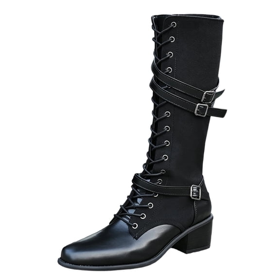 Ladies Metal Buckle Mid Calf Boots Chunky Heel Faux Leather Belt Style For City Commutes