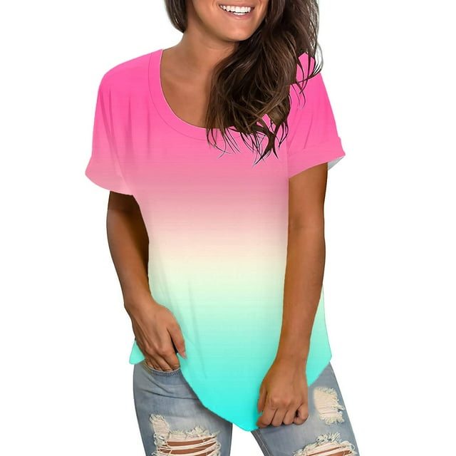Gibobby Blusa Casual de Mujer Camiseta holgada manga corta con cuello redondo y estampado degradado Multicolor informal para mujer(Rosa caliente,G)