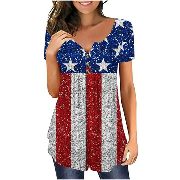 QENGING Summer Tops for Women 2023 Independence Day Patriotic V-neck Button-down Meat Covered Short Sleeve Tee