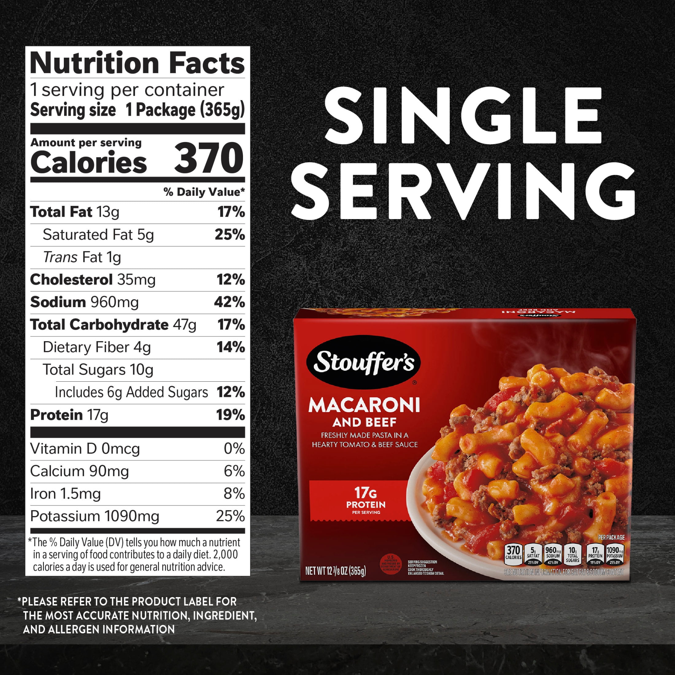 Stouffer’s Macaroni and Beef, Single Serve, Frozen Pasta, Single Frozen Meals 12.875 oz