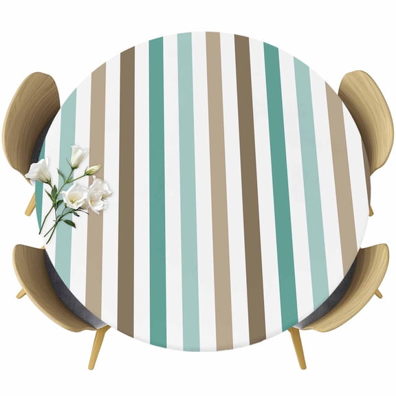 Brown Stripe Round Tablecloth, Fitted Table Cover with Elastic for 55"-60" Round Tables, Ombre Geometric Teal Green Vertical Striped Table Cloth Outdoor Indoor Dinning Party Waterproof Tablecloths
