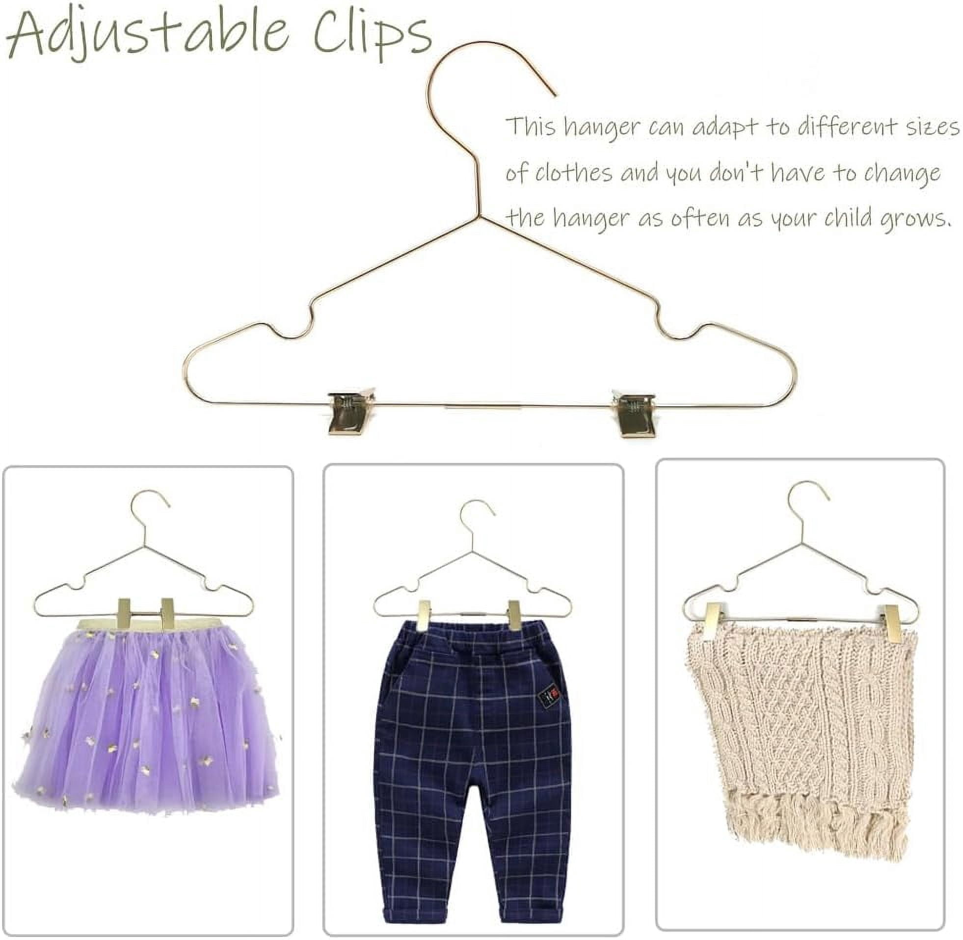 Baby Clothes Hangers 12.6" Gold Metal Skirt Hanger with 2 Adjustable Clips Closet Storage Heavy Duty Rack Kids Shirts, Pants Coats Display Space Saving Solution for Wardrobe 25 Pack