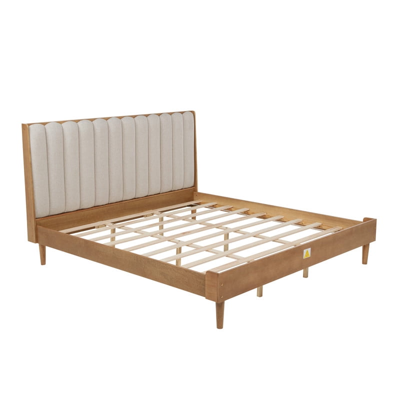 King Size Wood Bed Frame with Piano Key Designed Upholstered Tall Headboard, Low-Profile Platform Bed with Under-Bed Space