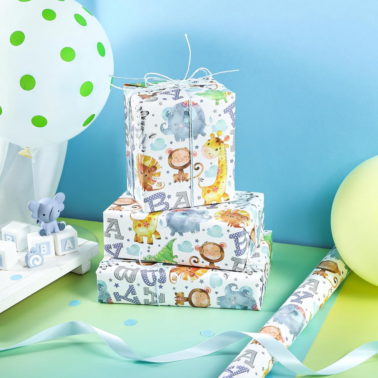 Kraft Baby Shower Wrapping Paper Roll - Mini Roll - 17 Inch x 16.5 Feet - Cute Animal Wrapping Paper for Baby Shower, Kids Girls Birthday Birthday