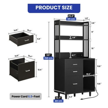JTAOT Filing Cabinet with Lights & Power Hub 3 Drawers Bookshelf File Office Organizer