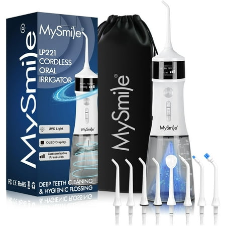 MySmile LP221 UVC Sterilizable Cordless Water Flossers for Teeth 335ML Portable OLED Display Dental Flosser with 4 Modes 8 Jet Tips and a Storage Pouch for Home and Travel (Pearl White)