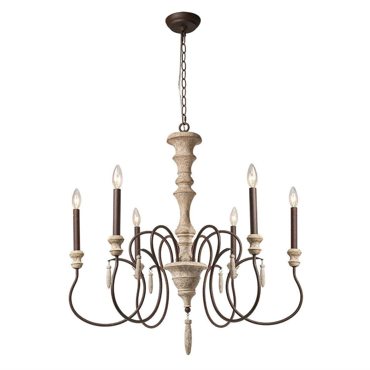 LNC Lupus 31'' Large 6 -Light Distressed Off-white Metal Wood Chandelier