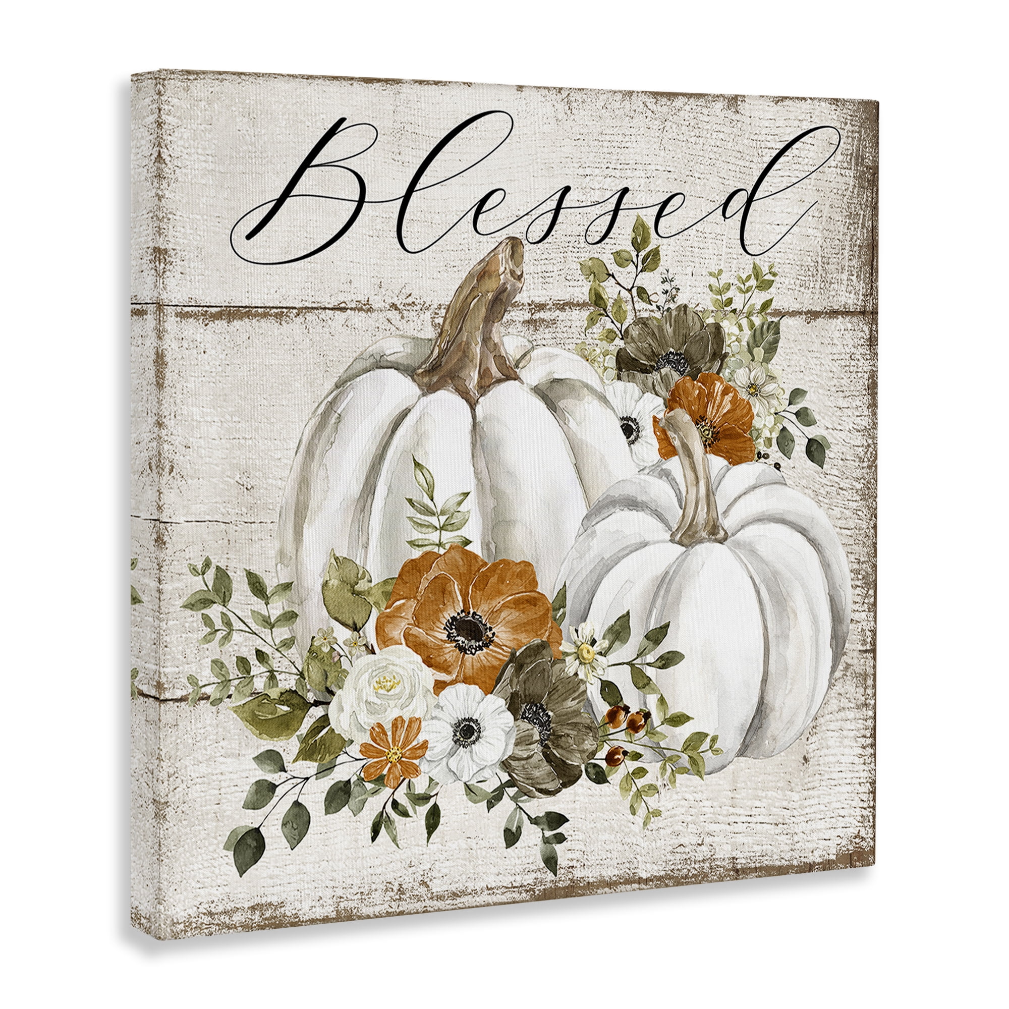 Stupell Industries Blessed Floral Pumpkin Holiday Painting Gallery Wrapped Canvas Art Prints Wall Art, 36 x 36