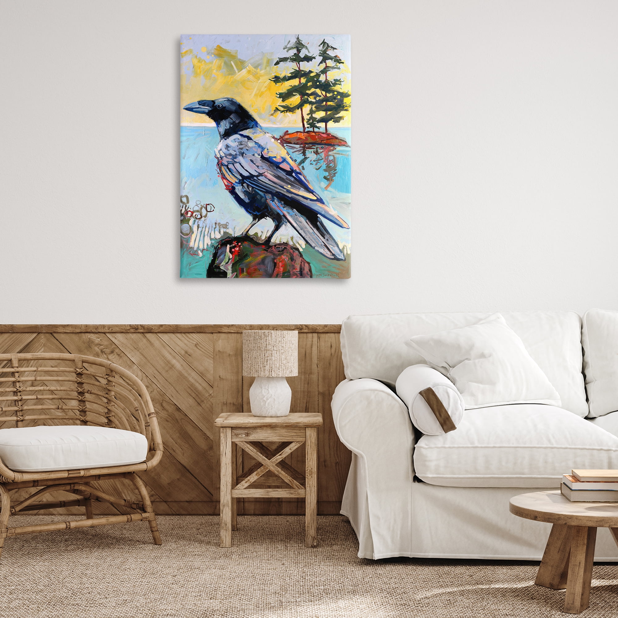 Stupell Industries Crow in Modern Landscape Birds Painting Wrapped Canvas Art Print Wall Art, 24 x 36