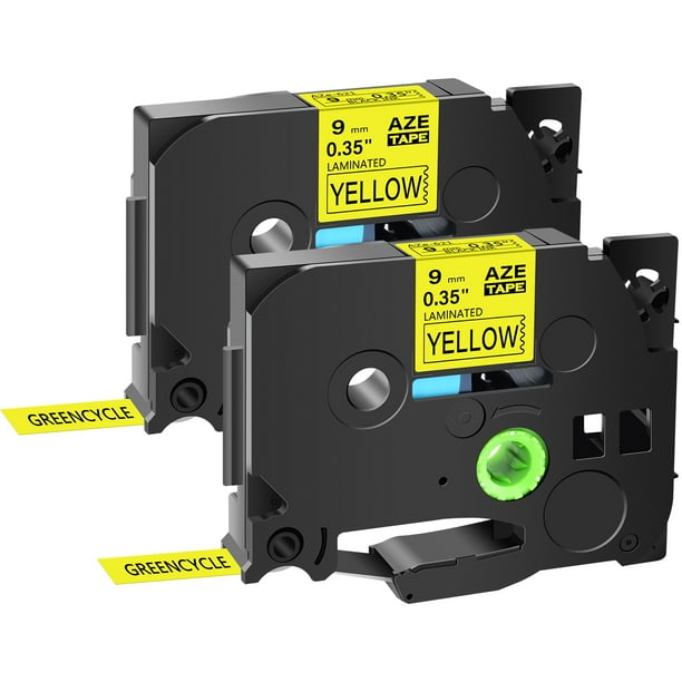 GREENCYCLE 2PK Black on Yellow 9mm 8m TZ Tze Tze-621 TZ-621 TZe621 TZ621  Laminated Label Tape for Brother P-touch PT-H100 PT-D450 PT-E550W Label  Maker
