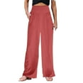 thumbnail image 2 of Women's Plus Size Loose Fit Casual High Empire Waist Solid Color Cotton And Linen Wide Leg Sweatpants with Pockets ,Red, 2 of 5