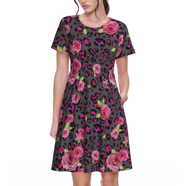 Disketp Rose Mix Leopard 2 para Vestido de Manga Corta para Mujeres, Vestidos de Verano para Mujeres, Casual y Holgado para la Playa