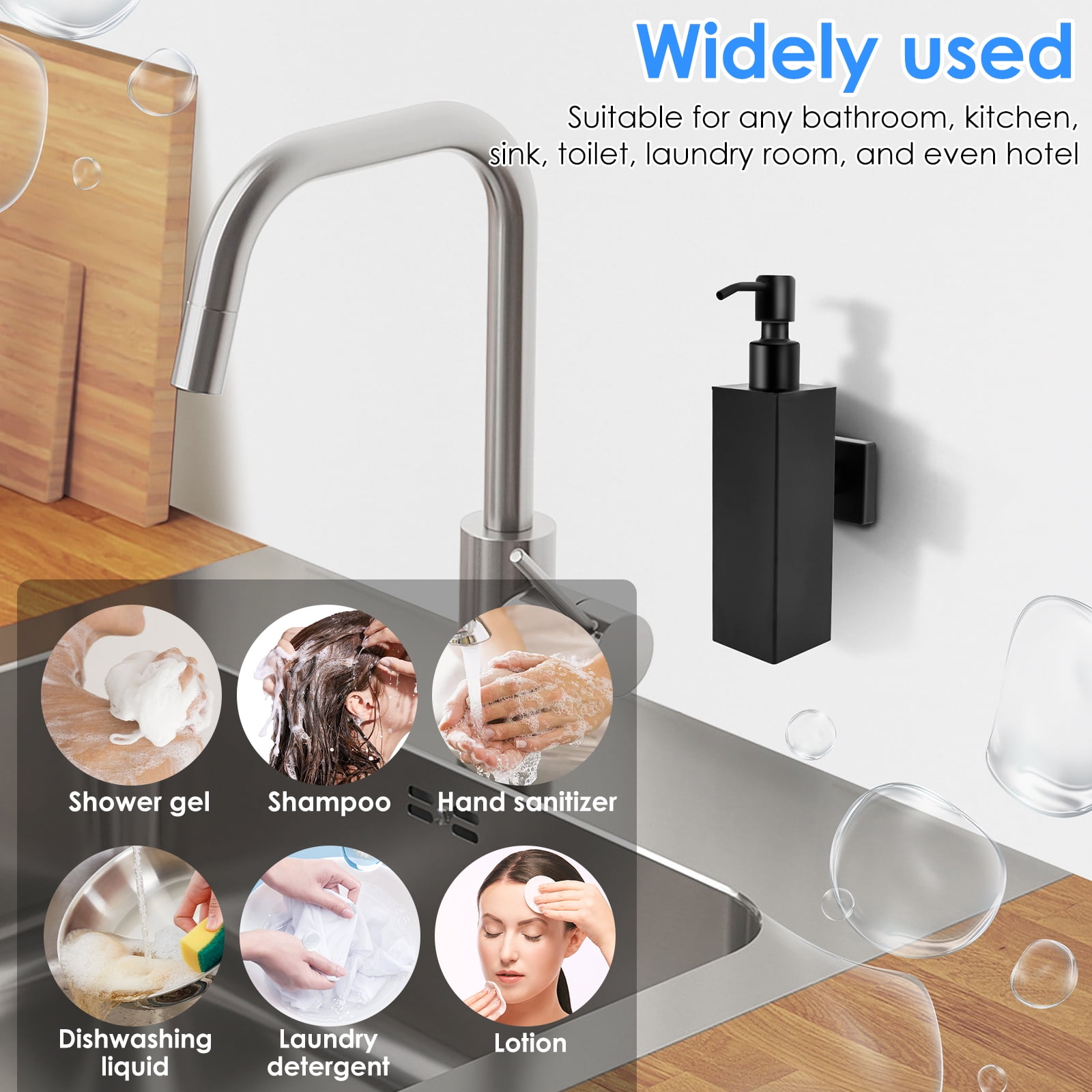 FKSZLL Soap Dispenser Wall Mounted Hand Shampoo Dispenser for Bathroom Matte Black Stainless Steel Soap Dispenser with Screw Shower for Home Bathroom Kitchen