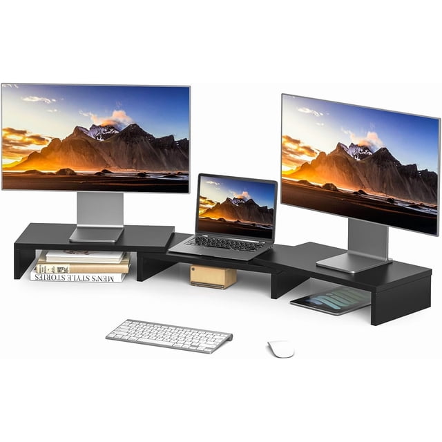 Dual Monitor Stand Riser Adjustable Length (..&#;) & Angle Large Wooden Desktop Organizer with Storage Shelf for Laptop Monitors Home Office Desk