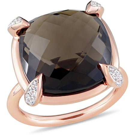 Tangelo 15-1/8 Carat T.G.W. Smokey Quartz and White Sapphire 14kt Rose Gold Cocktail Ring