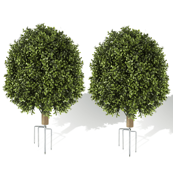 FIASON 2 Pack 29.5 ″Green Artificial Boxwood Topiary Ball & 4-Prong Ground Stake, UV Resistant Outdoor Fake Evergreen Shrub, Faux Plant Decor for Front Porch, Garden, Yard & Pathway