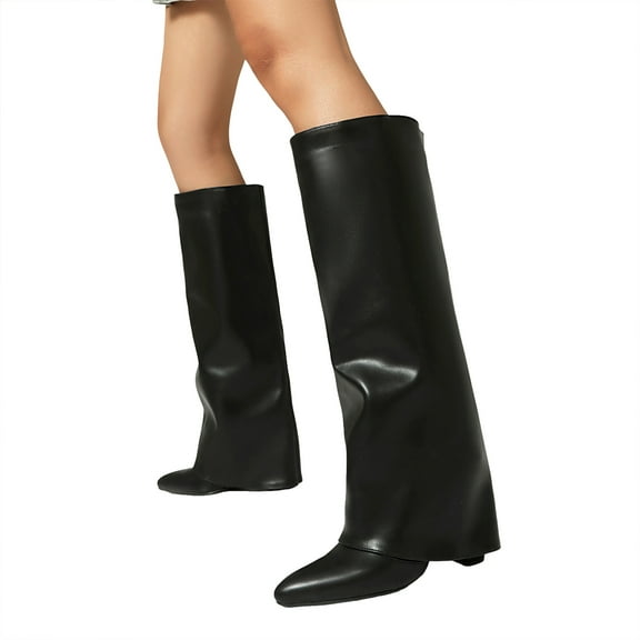 Knee High Fold over Boots for Women Winter Fall Leather Pointed Toe Cover Heels Pull on Wide Calf Foldover Long Tall Boots