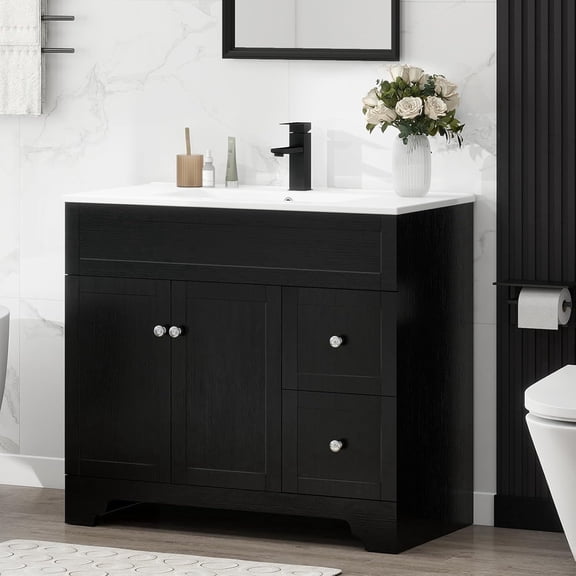 PULUOMIS 36" Bathroom Vanity with Sink Combo, Modern Bathroom Storage Vanities Set with 2 Drawers and 1 Soft Closing Door, Ceramic Undermount Sink, Without Faucet, Black