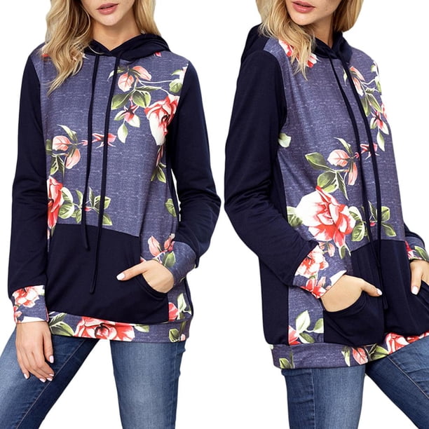 Sudadera con Capucha Floral Manga Larga Moda Casual Apariencia Atractiva Mujer S