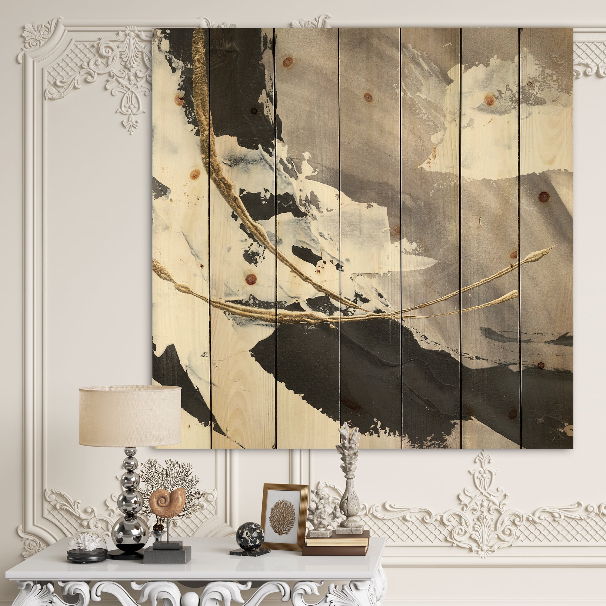 Designart 'Glam Fractal Arcs II' Transitional Print on Natural Pine Wood