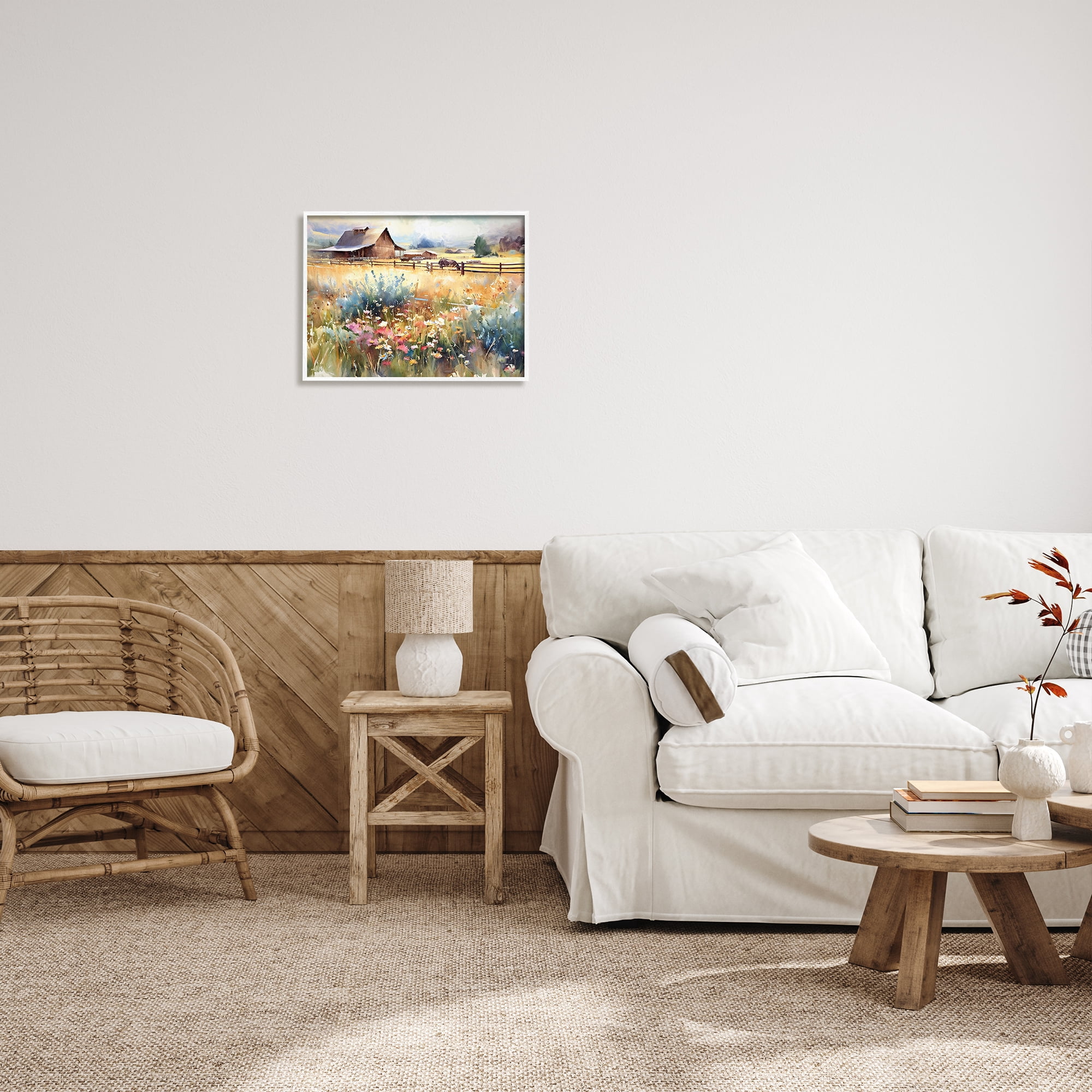 Stupell Industries Horse in Farmhouse Meadow Landscape Painting White Framed Art Print Wall Art, 20 x 16