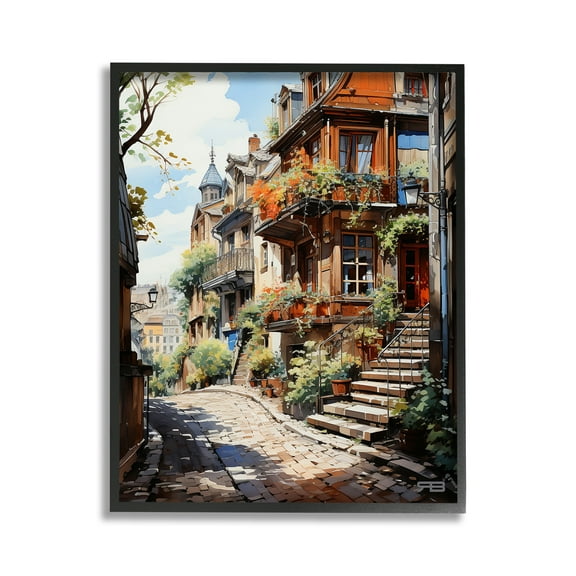 Stupell Industries Cobblestone Walkway in Town Travel & Places Painting Black Framed Art Print Wall Art, 11 x 14